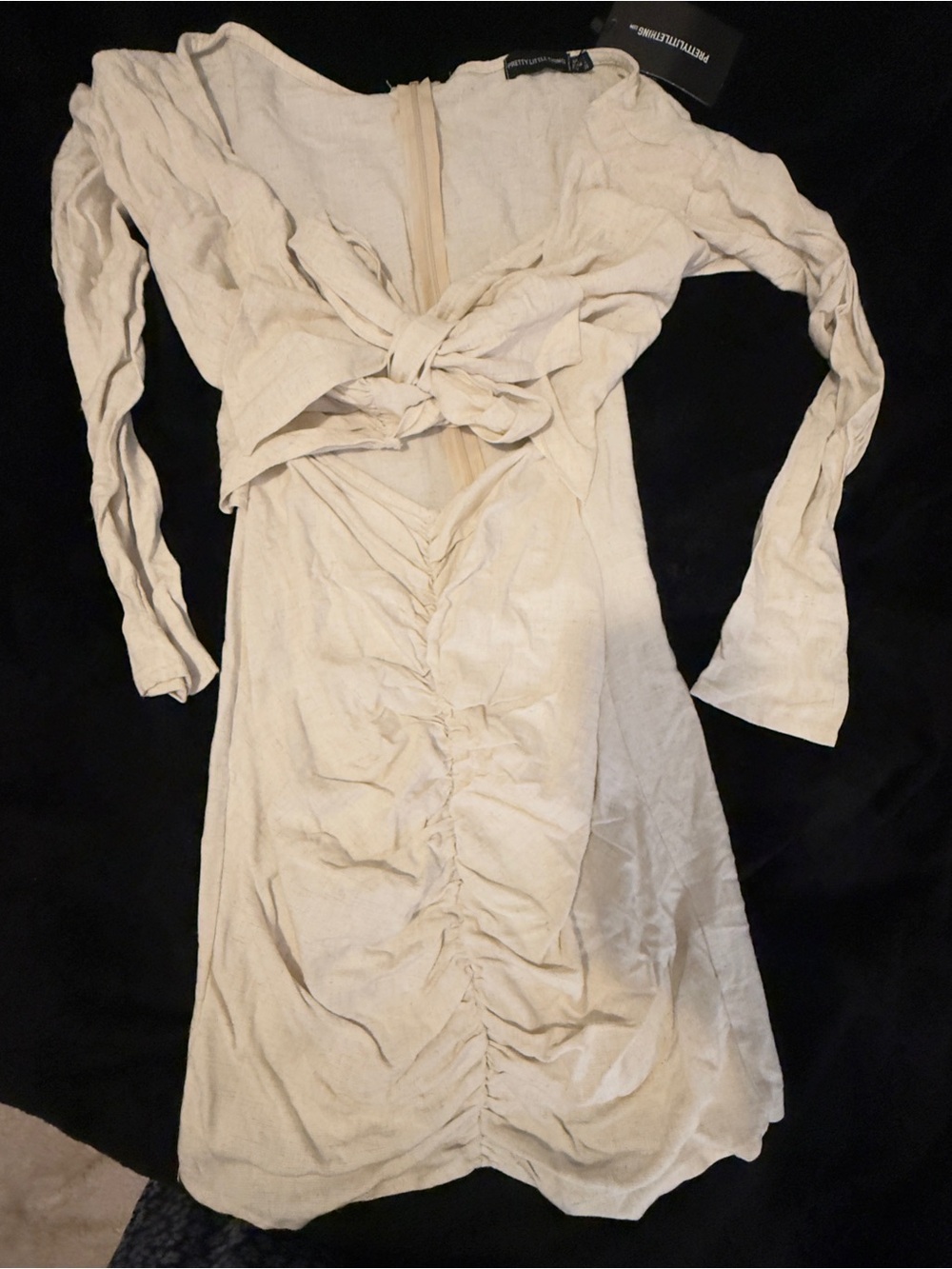 PrettyLittleThing Cream Ruched Tie-Front Long Sleeve Dress